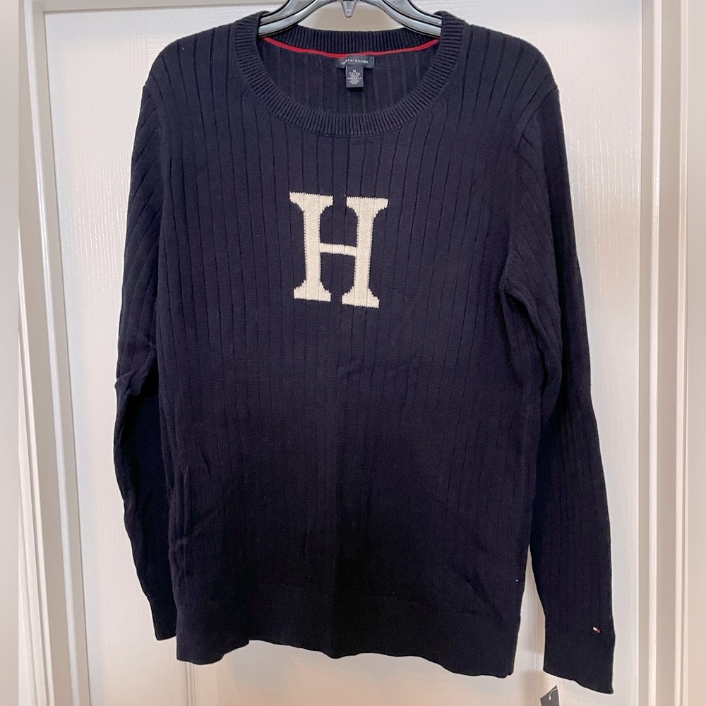 Tommy Hilfiger “H” long sleeve cable knit crew sweater size XLarge in navy. NWT - Picture 1 of 8